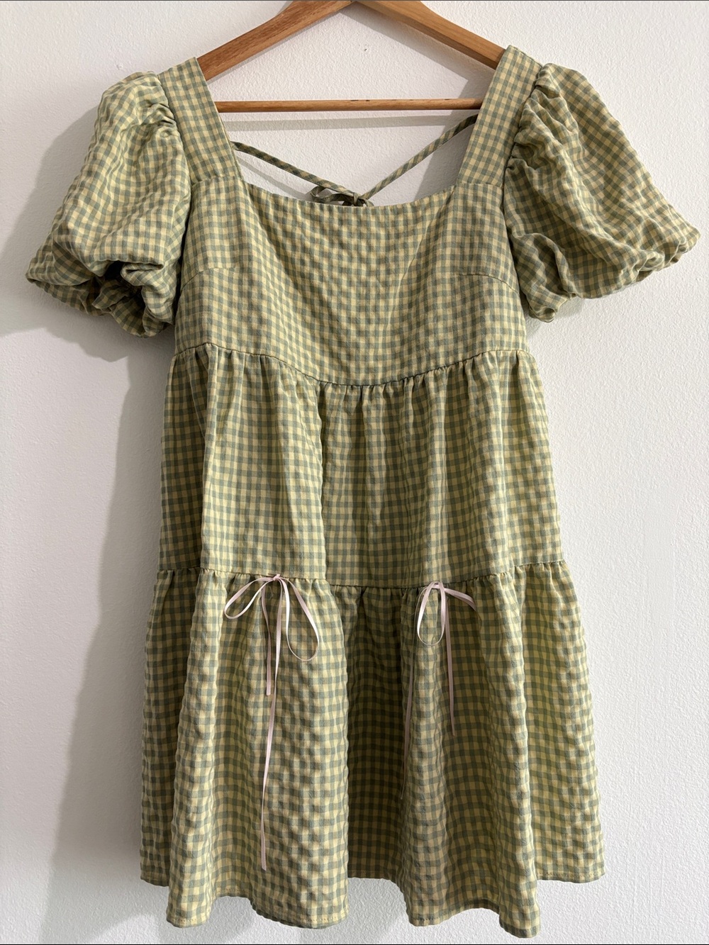 Princess Polly Green Gingham Puff-Sleeve Tiered Dress M/4 green/yellow picnic